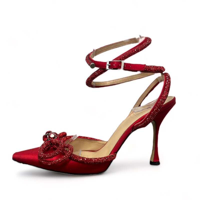 Mach & Mach Red Bow Heels
Tonal crystals sparkle around the double bow
 Silk-satin pointy toe and ankle strap
4 (100mm) heel Adjustable ankle strap with buckle closure Textile upper/leather lining and sole
Made in Italy