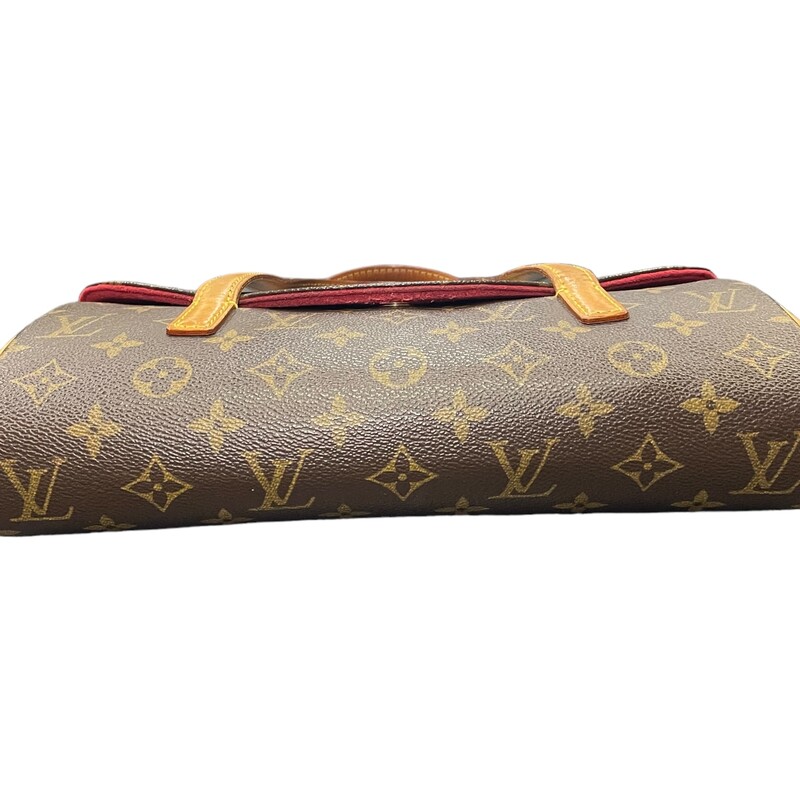 Louis Vuitton Sontaine<br />
Size: PM<br />
This handbag is crafted of monogram toile canvas and features vachetta leather strap handles and piping trim. The front-facing flap opens to a rouge red microfiber interior with a patch pocket.<br />
<br />
Dimensions: Size<br />
Base length: 11.25 in<br />
Height: 5.5 in<br />
Width: 2 in<br />
Drop: 4.25 in