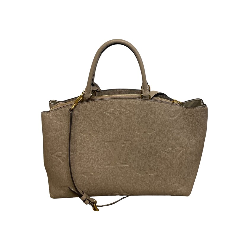 Louis Vuitton Grand Palais<br />
Color: Turtle Dove<br />
Retails:3,500<br />
13.4 x 9.4 x 5.9 inches<br />
(length x Height x Width)<br />
Tourterelle Gray<br />
Monogram Empreinte embossed supple grained cowhide leather and supple grained cowhide leather<br />
Supple grained cowhide-leather trim<br />
Microfiber lining<br />
Gold-color hardware<br />
3 compartments with a zipped central compartment<br />
Inside zipped pocket