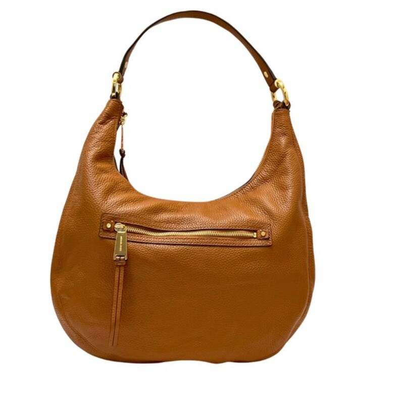 Michael Kors Rhea Zip Shoulder Bag<br />
Suntan Pebbled Leather with Gold-plated hardware that adds a touch of luxury.<br />
Inside, the bag has multiple inner pockets and pockets to keep your essentials organized. The canvas and fabric lining material add durability to the bag.<br />
Width: 14<br />
Height: 10<br />
Depth: 5
