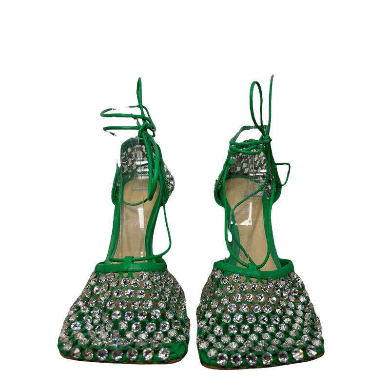 Bottega Veneta Sparkle Green<br />
<br />
Size 38<br />
<br />
Heel: 9 cm | 3.5<br />
<br />
Rhinestone mesh and leather sandals<br />
Material: 90% Cotton, 10% Polyester<br />
Unlined<br />
Color: Parakeet/Crystal<br />
Rubber-injected leather outsole<br />
<br />
<br />
Made in: Italy