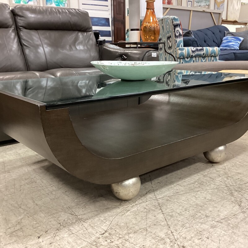 Wood Glass Coffee Table, Med Wood, Curved<br />
54 in x 30 in x 18 in