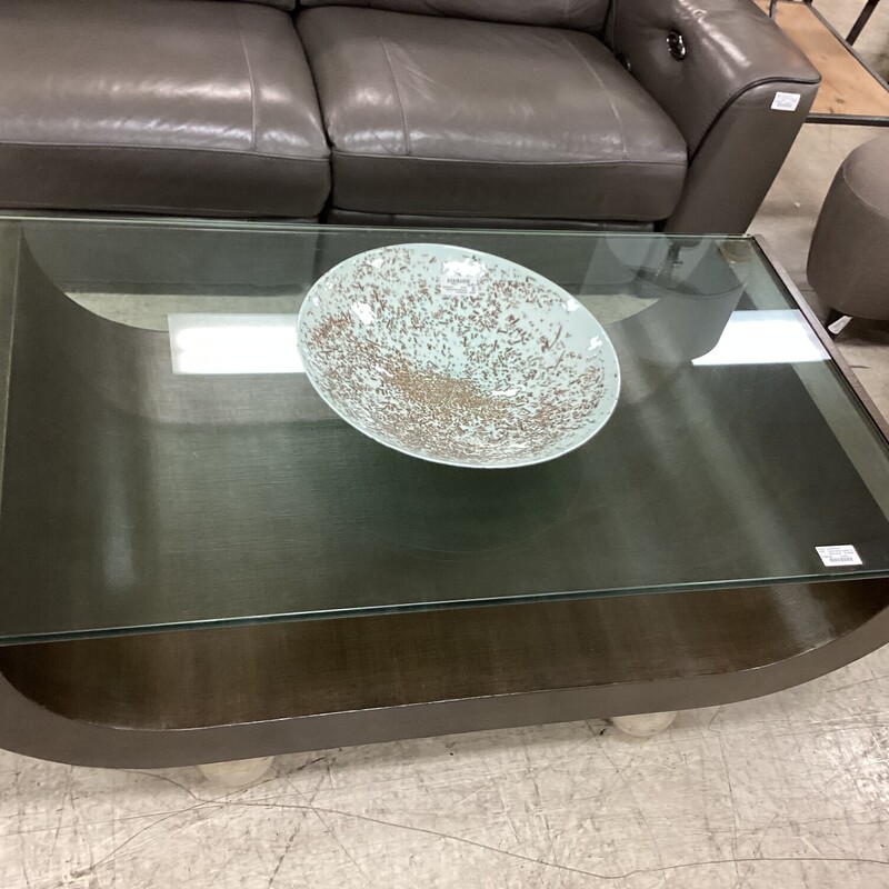 Wood Glass Coffee Table, Med Wood, Curved<br />
54 in x 30 in x 18 in