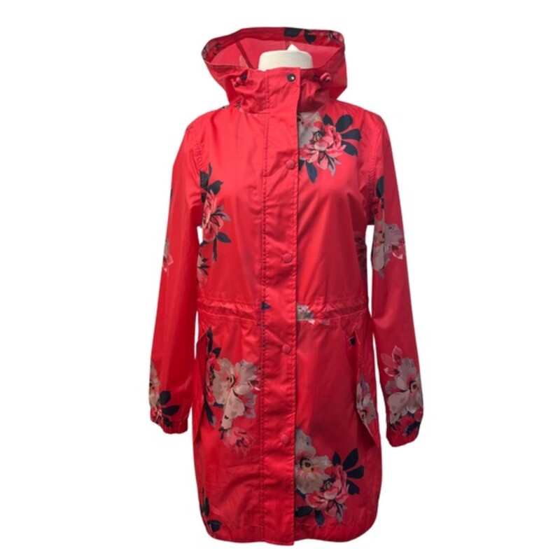 Joules Floral Rain Jacket<br />
Right as Rain Collection<br />
Outwit the Weather<br />
Hooded with Adjustable Cinch Waist<br />
Packable<br />
Rose with Navy, Pink, Beige, Plum,<br />
Lavender, Gold, and Black<br />
Size: Small