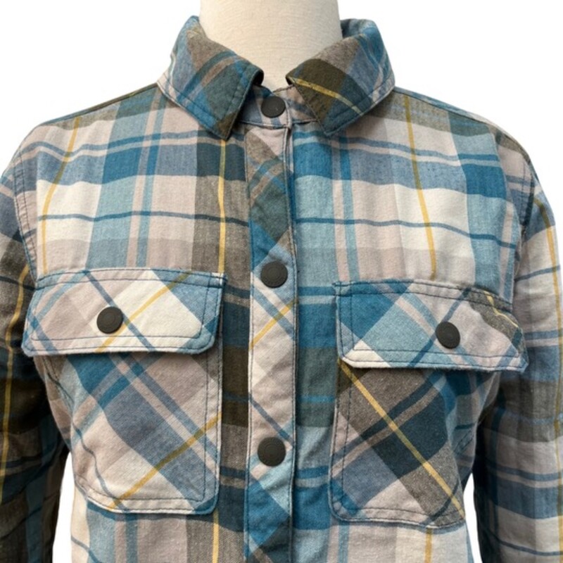 Outdoor Research Kalaloch Jacket<br />
Reversible<br />
Olive<br />
Reverse side Plaid Teal, Cream, Olive, and Dijon<br />
Size: Small