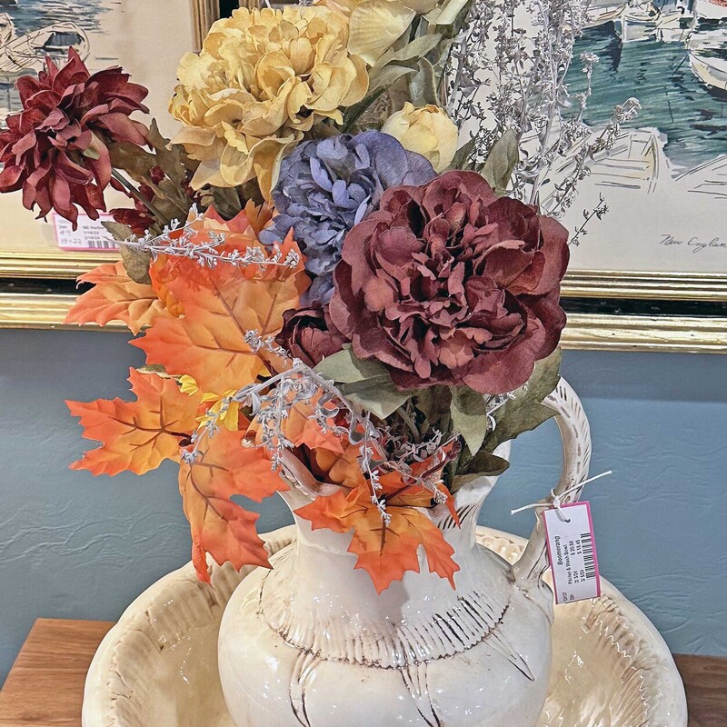 Vintage Floral Pitcher & Wash Bowl
with Faux Flowers and Leaves
