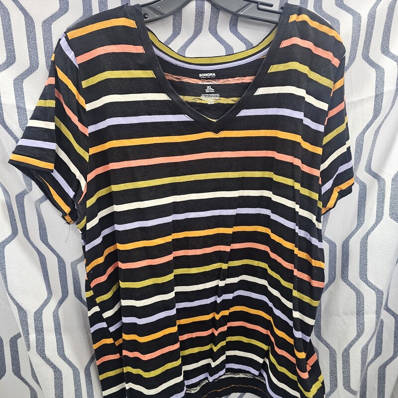 Short sleeve tee in black with multiple colored stripes. Super cute for summer. V neck line.
