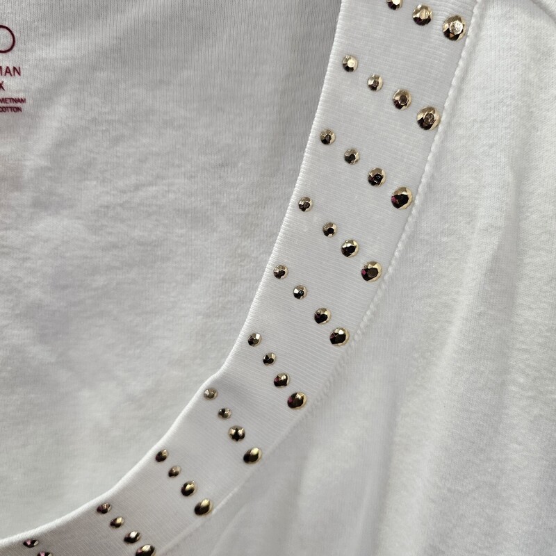 Super cute white knit top in a scoop neck line with bronze mettalic studding along the neck line. So great year round for a wardrobe staple with some flair.