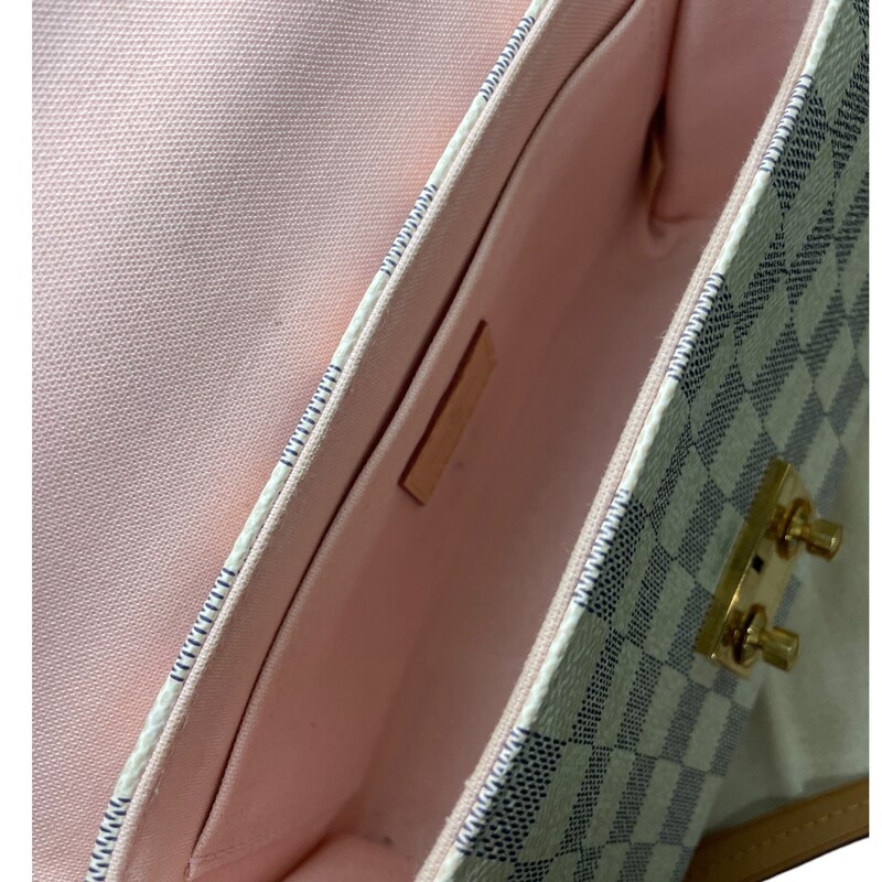 Louis Vuitton Croisette Azur<br />
Damier Azur coated canvas<br />
Smooth cowhide-leather trim<br />
Textile lining<br />
Gold-color hardware<br />
S-lock<br />
Removable tassel<br />
Inside flat pocket<br />
Strap:Removable, not adjustable<br />
Strap drop: 22.0 inches<br />
Handle:Single<br />
<br />
Dimensions:9.4 x 6.7 x 3.7 inches<br />
                         (length x Height x Width)