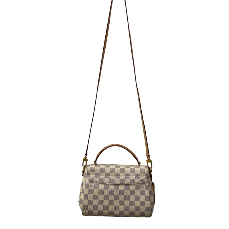 Louis Vuitton Croisette Azur
Damier Azur coated canvas
Smooth cowhide-leather trim
Textile lining
Gold-color hardware
S-lock
Removable tassel
Inside flat pocket
Strap:Removable, not adjustable
Strap drop: 22.0 inches
Handle:Single

Dimensions:9.4 x 6.7 x 3.7 inches
                         (length x Height x Width)