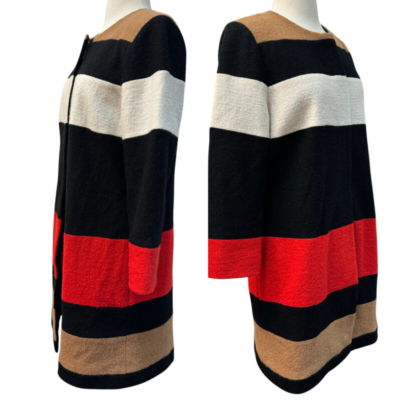 Chicos Colorblock Jacket<br />
100% Wool<br />
Zipper Closure with Pockets<br />
Colors: Black, Cream, Camel, and Red<br />
Size: Medium