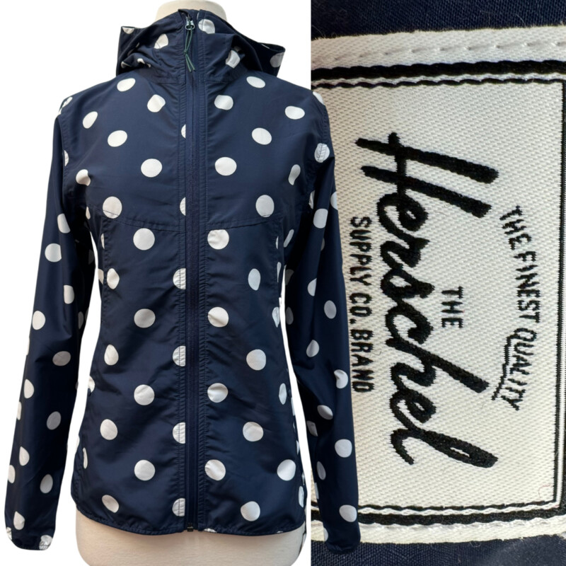 New Herschel Windbreaker
Water and Wind Resistant
Cute Polka-Dot Pattern
Navy and White
Size: XS