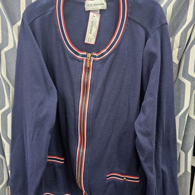 Zip up front cardigan in navy blue with red and white accents. Long sleeve and light weight