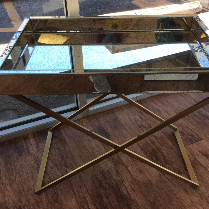 Functioning folding tray and occasional table with beveled mirror and leather straps.  Size: 18x28x26.5