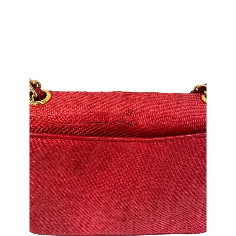 Vintage CHANEL Large CC Logos Red Linen Raffia Straw Shoulder Flap Bag Purse Gold Chain Strap -<br />
Production Year: 1986-1988<br />
Code:0899827<br />
<br />
Dimensions:<br />
height: 5<br />
length: 7<br />
depth: 2.25<br />
strap drop: 18<br />
<br />
Note: Wear on the top back of the raffia material<br />
Comes with the dust bag and card