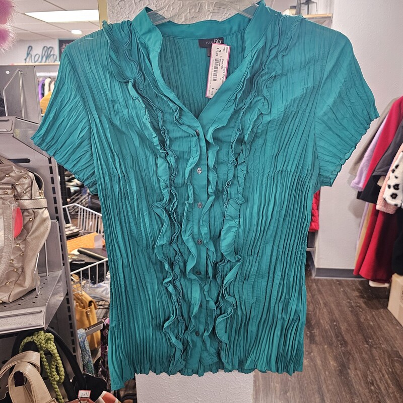 Short sleeve button up blouse in green with ruffles for days! super cute!
