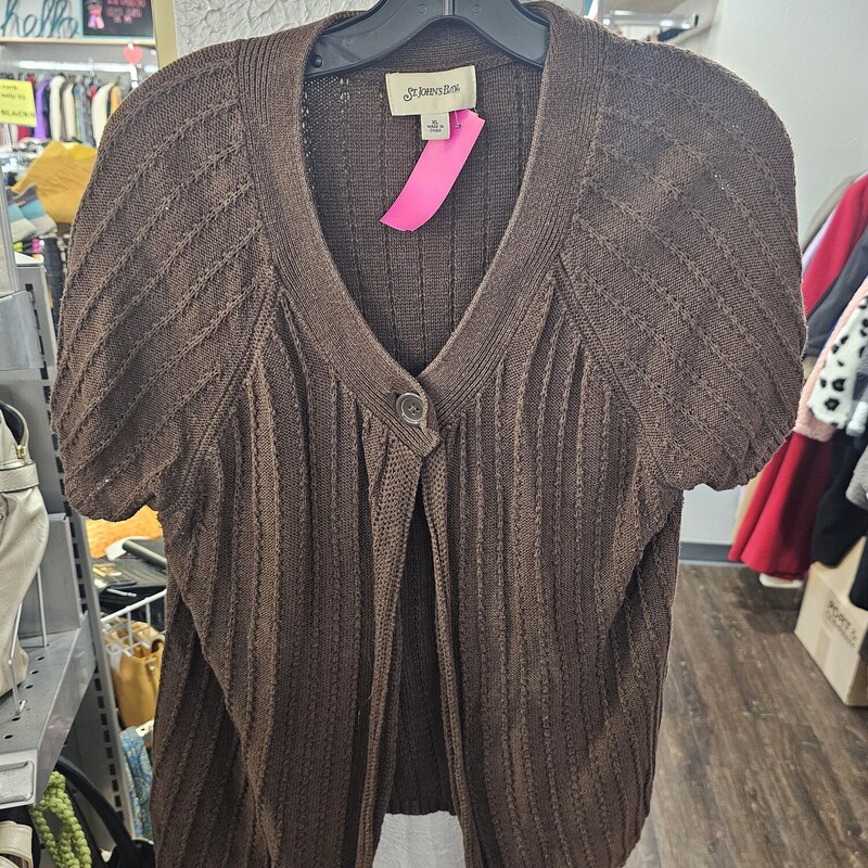 Short sleeve cardigan in brown with button up front.