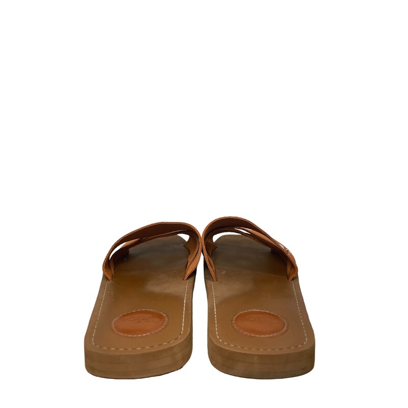 Chloe Arizona Brown Sandal<br />
<br />
Size 41<br />
<br />
Inspired by lacy pieces in the ready-to-wear collection, this chic slide features delicate woven bands printed with bold logo letters.<br />
<br />
Chloe sandals with layered logo ribbon upper.<br />
0.3 flat heel.<br />
Open toe.<br />
Slide-on style.<br />
Leather footbed.<br />
Rubber outsole.