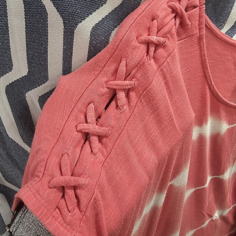 Short sleeve tee in pink with white striping and lattice on the shoulders/sleeves. Tunic style fit - great for over a swim suit or with your favorite leggings.