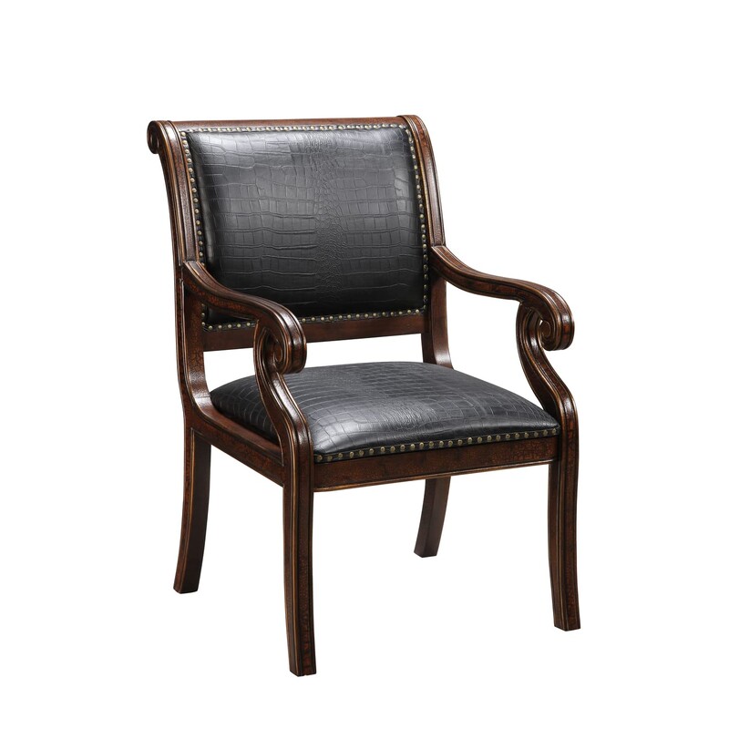 Faux Leather Accent Chair<br />
Black Faux Croc Leather with Brown Wood Trim<br />
Size: 24x29x39H<br />
NEW<br />
Retail $599+