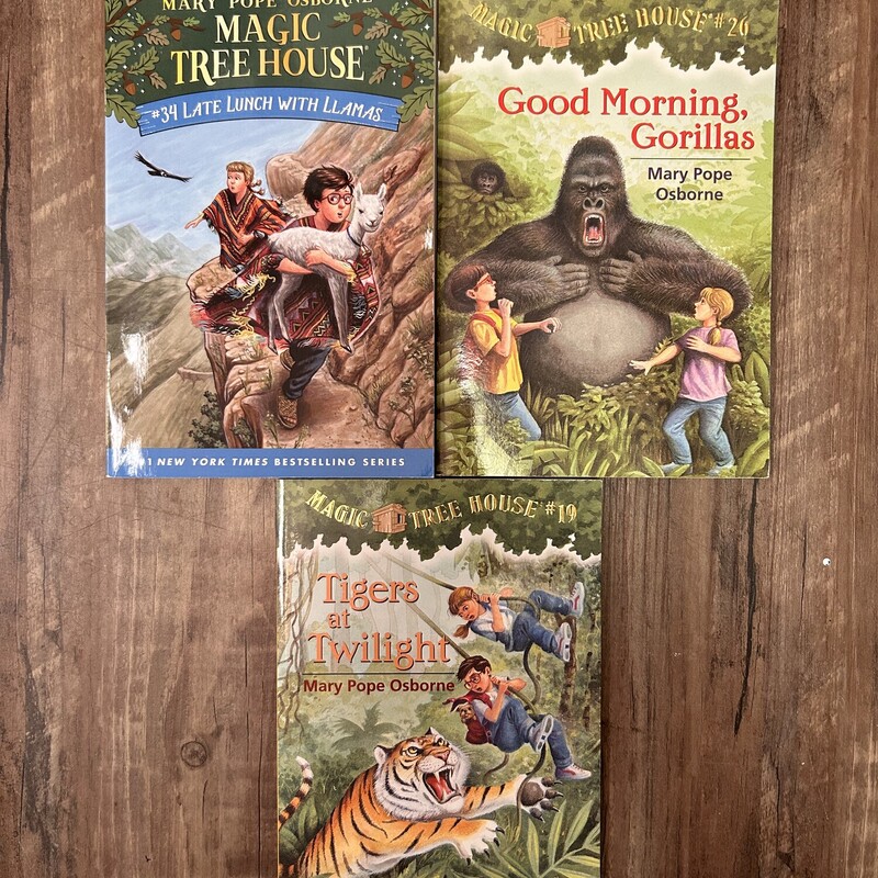 Magic Tree House 3 Mixed, Green, Size: Book

#19 Tigers at Twilight
#26 Good Morning Gorillas
#34 Late Lunch with Llamas