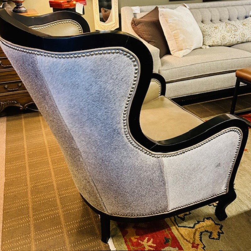 Arhaus Cowhide Leather Portsmouth Accent Chair<br />
Black Gray Taupe Size: 28 x 32 x 41H<br />
As Is - small pen mark on leather