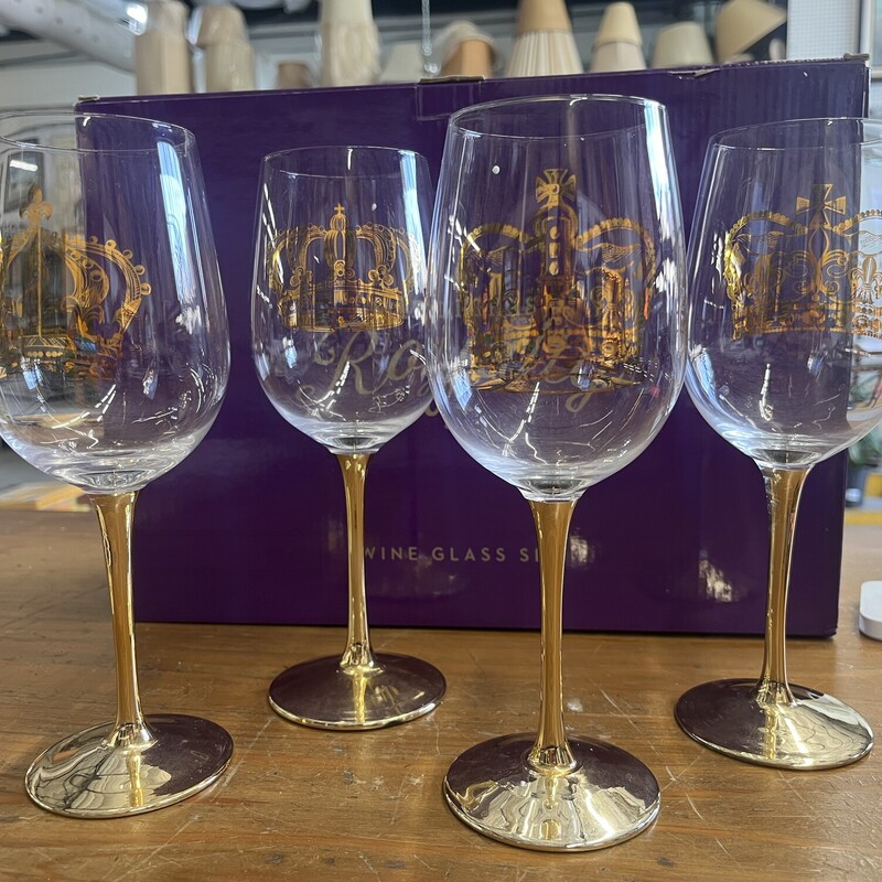 Set of 4 Parish Line 9in Long Stem Wine Glasses, Limited Edition Mardi Gras Royalty Line, Discontinued<br />
New/Unused