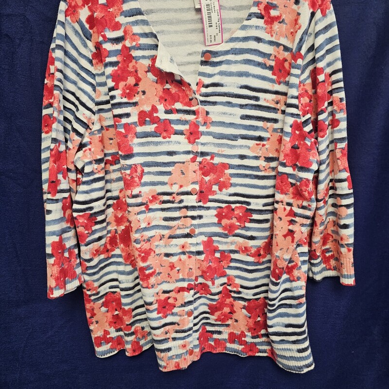 Cute half sleeve knit cardigan with white and blue striping and fun floral print over top in pinks!!