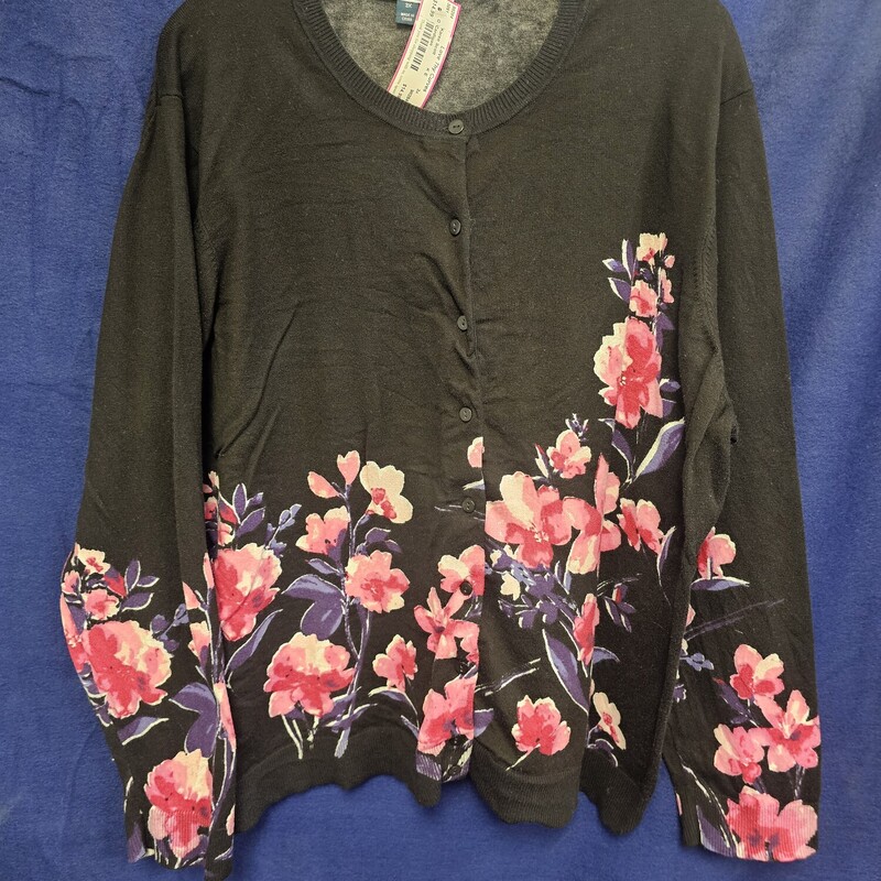 Love this super light weight button up cardigan in black with fun bold pink floral design.