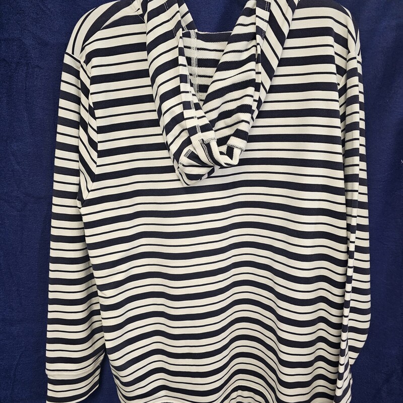 Brand new with tags, this zip up hoodie retails for $65! Done in a white and dark navy stripe. It is perfect for spring and summer.