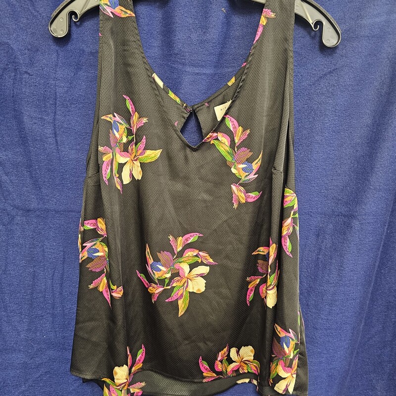 Silky black tank with fun colored floral pattern.