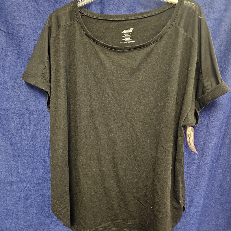 Cute short sleeve tee in black with sheer mesh on the shoulder and tops of the sleeves.