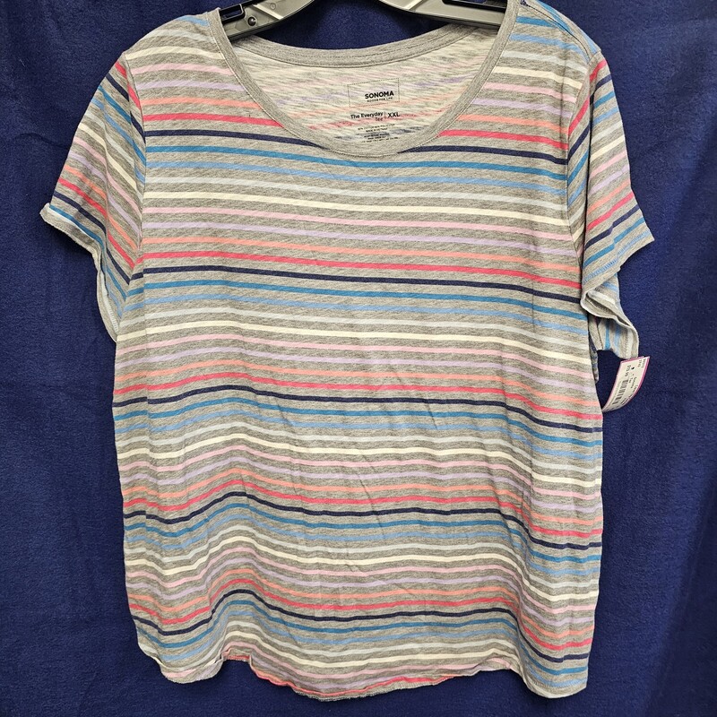 Short sleeve tee in grey with multple color stripes