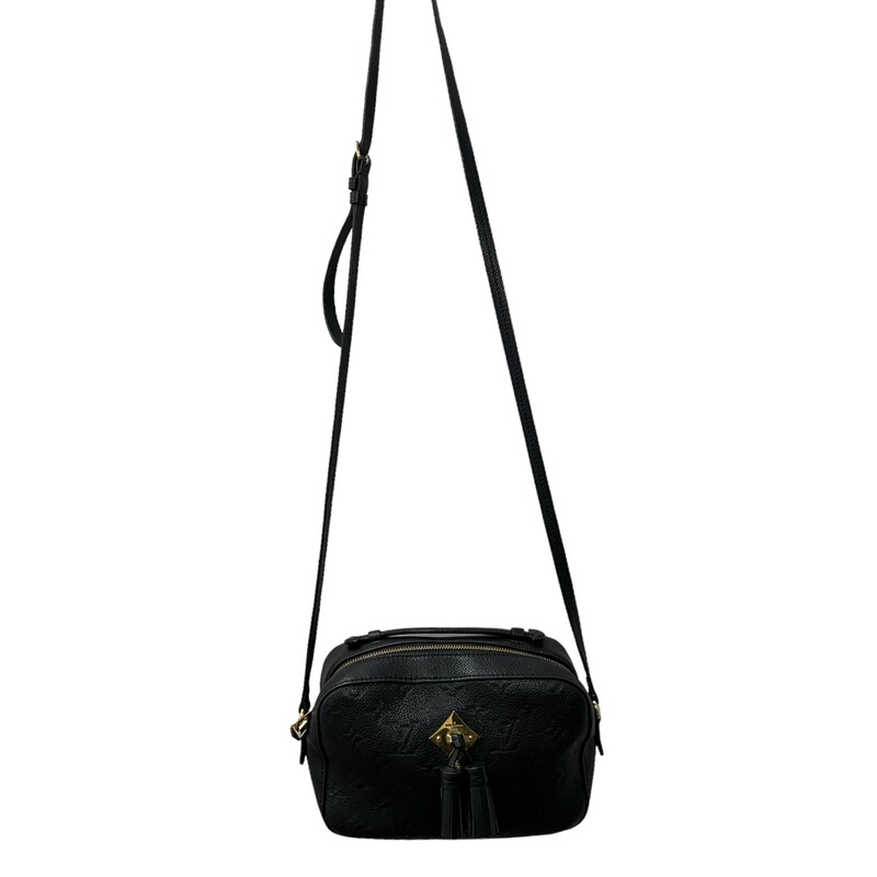 Louis  Vuitton Saintonge

This petite shoulder bag is crafted of signature Louis Vuitton empreinte leather in black. It features a facing polished brass plate, adorned with two leather tassels. The bag has a sturdy leather top handle, and an adjustable shoulder strap with polished brass hardware. The wrap-around zippers opens to a black fabric interior with a patch pocket.

Dimensions:
Base length: 8.75 in
Height: 5.75 in
Width: 2.75 in
Drop: 1 in
Drop: 21.25 in

Year:2020