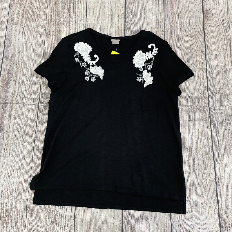 Chicos Top short sleeves black with cream  embroidery of  flower and sequence on the front