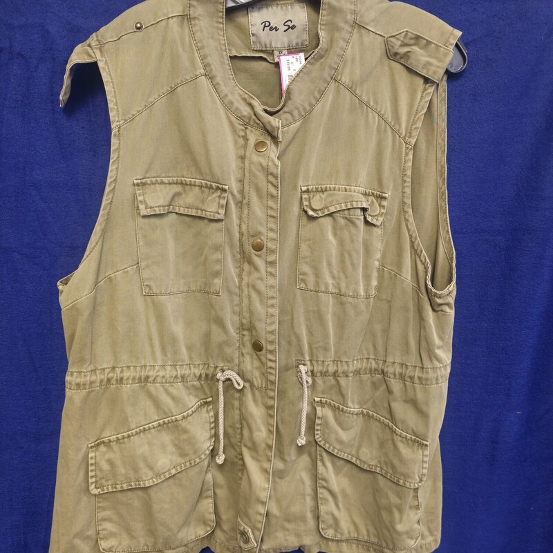 Cute army green vest style jacket with cincheable waist and snap up front.