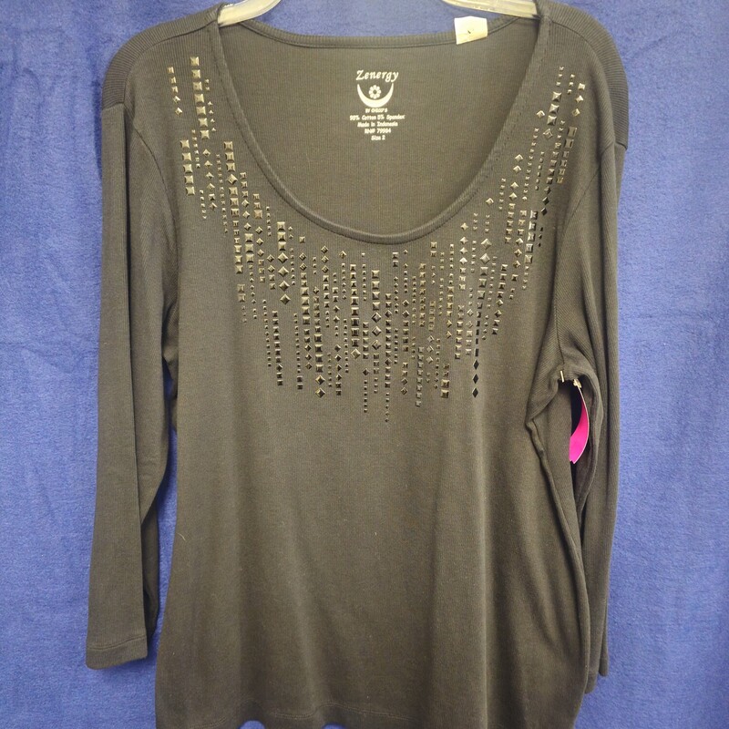 Long sleeve knit top in black with embellishment in black on the chest