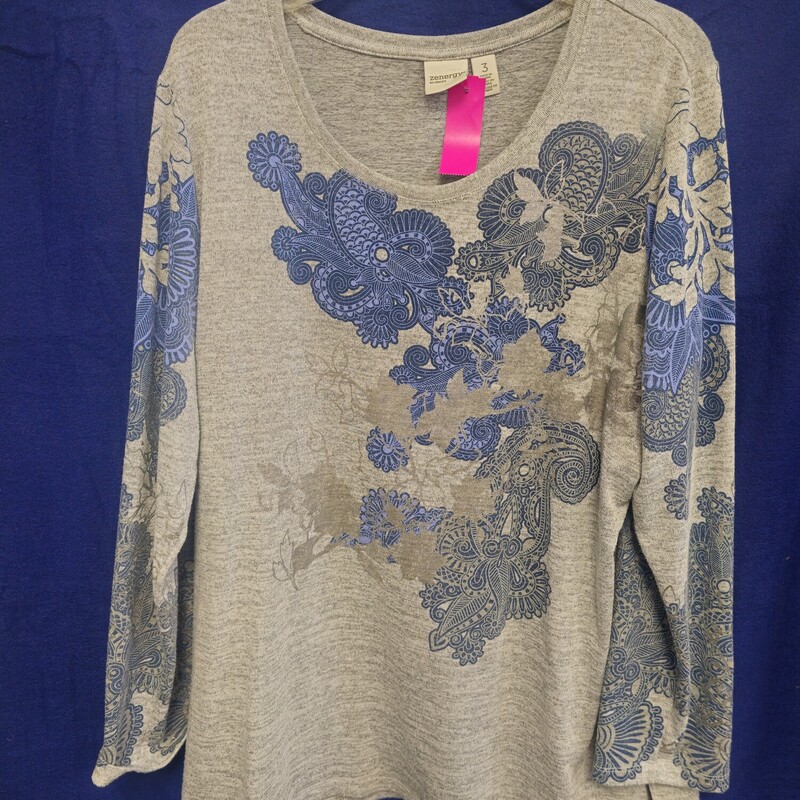 Long sleeve knit top in grey with fun grey and blue graphic on sleeves and front