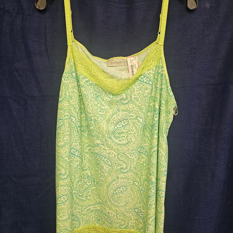 So ready for summer, this tank is done in neon yellow lace with green and white and yellow print. Adjustable spaghetti style straps