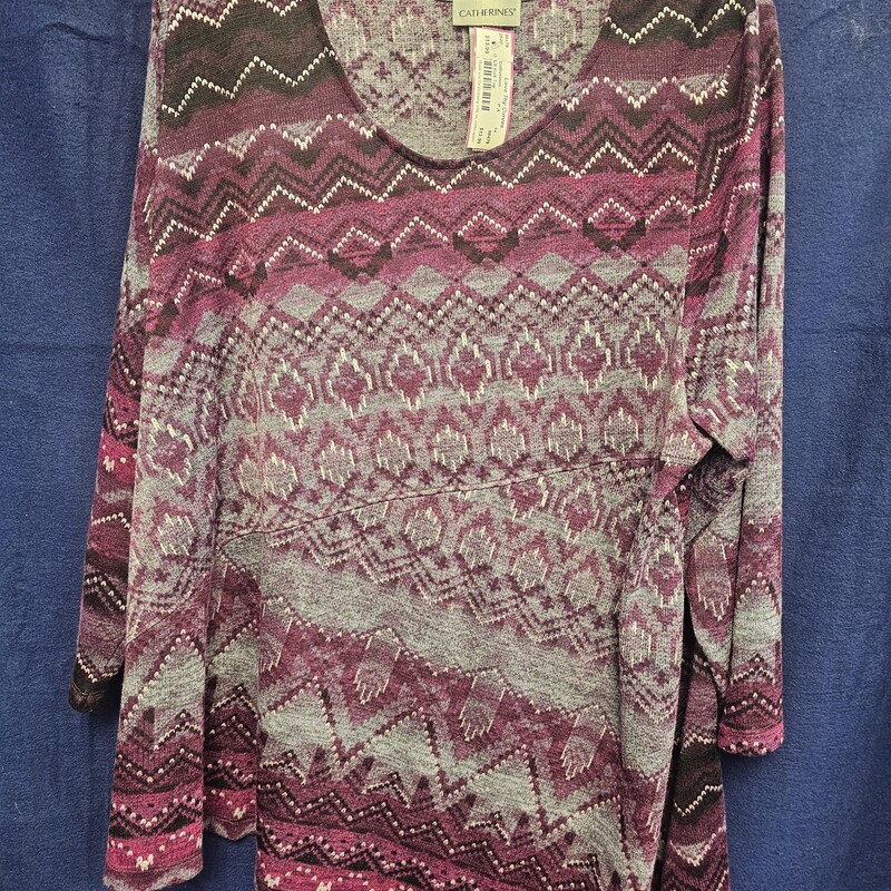 Long sleeve light weight knit top in purple and greys.