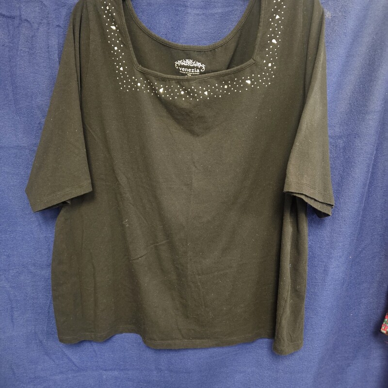 Super cute short sleeve knit top in black with rhinestone embellishment on the neckline