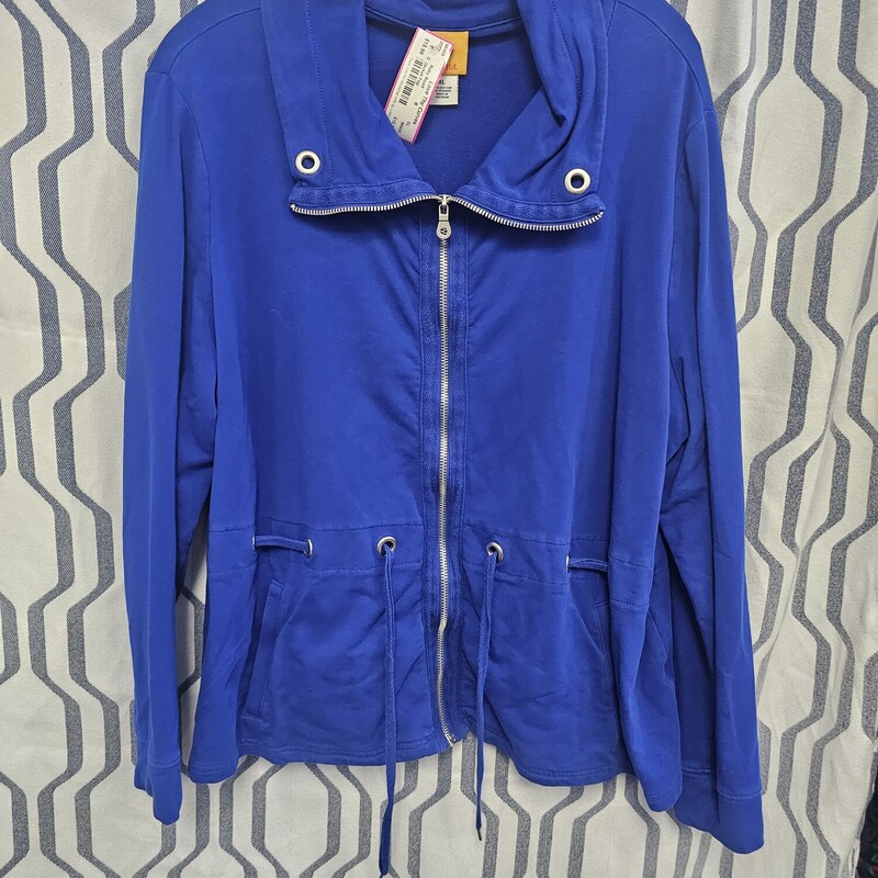 Zip up jacket in blue with cincheable waist and long sleeves.