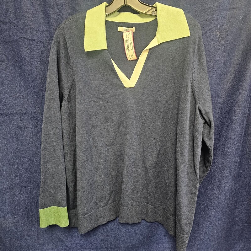 Long sleeve light weight polo style sweater in navy with cream and mint green