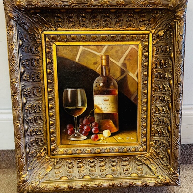 Wine With Grapes in Ornate Frame
Gold Red Purple Size: 15.5 x 17.5H