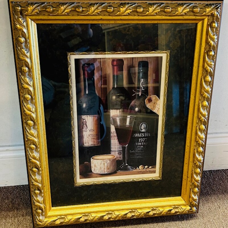 3 Vintage Wine Bottles in Ornate Frame
Black Gold Red Size: 16 x 20H