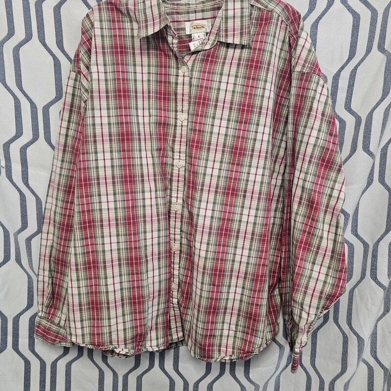 Button up blouse in red green and white plaid.