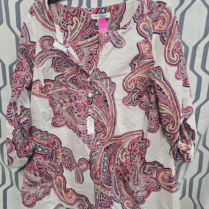 Cute light weight blouse in white with pink paisley print.
