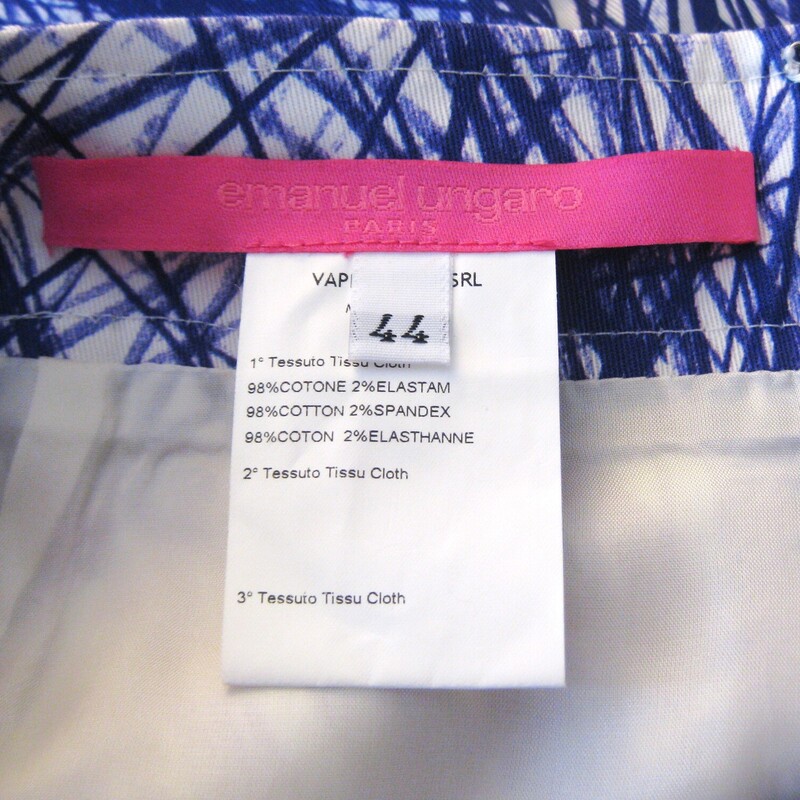 E. Ungaro Scribble Pencil, Wh/purp, Size: Small<br />
<br />
A great summer skirt by Emanual Ungaro.<br />
From the 2016 collection this is a cotton mini pencil skirt with a touch of spandex for comfort of movement<br />
<br />
White and purple scribble print.<br />
Fully lined.<br />
nicely structured with beautifully finished rounded pockets, centerback zipper and sculpted waist.<br />
Made in Italy<br />
perfect condition.<br />
<br />
marked size 44, approx US size *, please use the measurements below as your ultimate guide to fit:<br />
flat measurements - double where appropriate<br />
waist: 15.5<br />
hip: 20<br />
length: 19<br />
<br />
thanks for looking!<br />
#69588