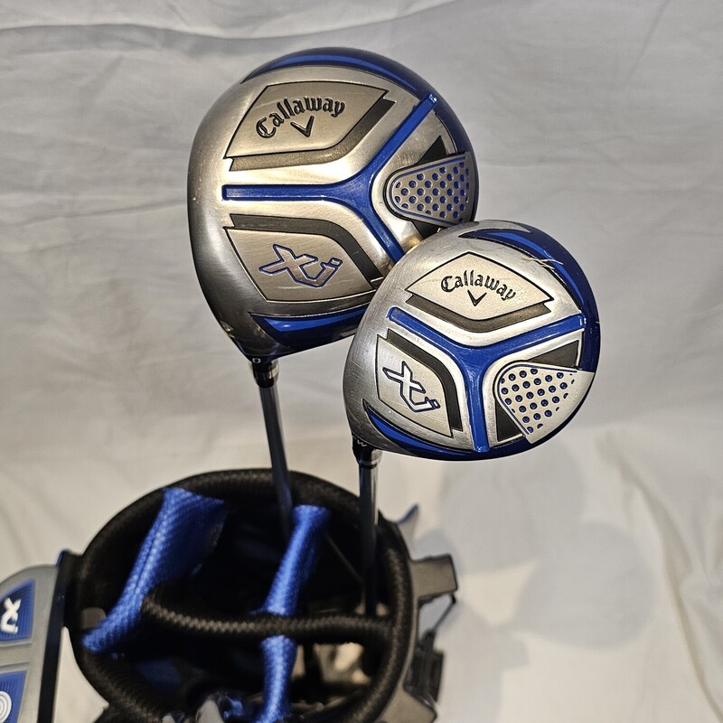 Callaway Xj2 Junior 6 Piece Set<br />
Size: Junior 47 inch - 53 inch height<br />
Left Hand<br />
Set Includes:<br />
- Driver w/ Headcover<br />
- Fairway Wood w/ Headcover<br />
-Iron Set (7,9,Sand Wedge)<br />
-Putter<br />
- Lightweight Stand Bag w/ 5 Zipper Pockets<br />
<br />
Features:<br />
<br />
- XJ Sets feature our industry-leading Callaway technologies that are designed for the distance to hit it long and the forgiveness to make clean contact and hit solid shots. This includes titanium drivers for long distance and proven graphite shafts.<br />
<br />
- These ultra-light weight sets are engineered so that each club is easy to swing for the best performance.<br />
<br />
- Driver:<br />
Loft (17 Degree), Length (34 inch), Lie (56 Degree)<br />
<br />
- Fairway Wood:<br />
Loft (23 Degree), Length (33 inch), Lie (57 Degree)<br />
<br />
- 7 Iron:<br />
Loft (36 Degree), Length (30 inch), Lie (60 Degree)<br />
<br />
- 9 Iron:<br />
Loft (42 Degree), Length (29 inch), Lie (61 Degree)<br />
<br />
- Sand Wedge:<br />
Loft (52 Degree), Length (28 inch), Lie (62 Degree)<br />
<br />
- Putter:<br />
Loft (3 Degree), Length (27 inch), Lie (70 Degree)<br />
<br />
Gently Used: Excellent Like New Condition