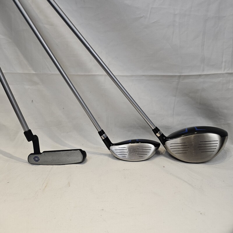 Callaway Xj2 Junior 6 Piece Set<br />
Size: Junior 47 inch - 53 inch height<br />
Left Hand<br />
Set Includes:<br />
- Driver w/ Headcover<br />
- Fairway Wood w/ Headcover<br />
-Iron Set (7,9,Sand Wedge)<br />
-Putter<br />
- Lightweight Stand Bag w/ 5 Zipper Pockets<br />
<br />
Features:<br />
<br />
- XJ Sets feature our industry-leading Callaway technologies that are designed for the distance to hit it long and the forgiveness to make clean contact and hit solid shots. This includes titanium drivers for long distance and proven graphite shafts.<br />
<br />
- These ultra-light weight sets are engineered so that each club is easy to swing for the best performance.<br />
<br />
- Driver:<br />
Loft (17 Degree), Length (34 inch), Lie (56 Degree)<br />
<br />
- Fairway Wood:<br />
Loft (23 Degree), Length (33 inch), Lie (57 Degree)<br />
<br />
- 7 Iron:<br />
Loft (36 Degree), Length (30 inch), Lie (60 Degree)<br />
<br />
- 9 Iron:<br />
Loft (42 Degree), Length (29 inch), Lie (61 Degree)<br />
<br />
- Sand Wedge:<br />
Loft (52 Degree), Length (28 inch), Lie (62 Degree)<br />
<br />
- Putter:<br />
Loft (3 Degree), Length (27 inch), Lie (70 Degree)<br />
<br />
Gently Used: Excellent Like New Condition